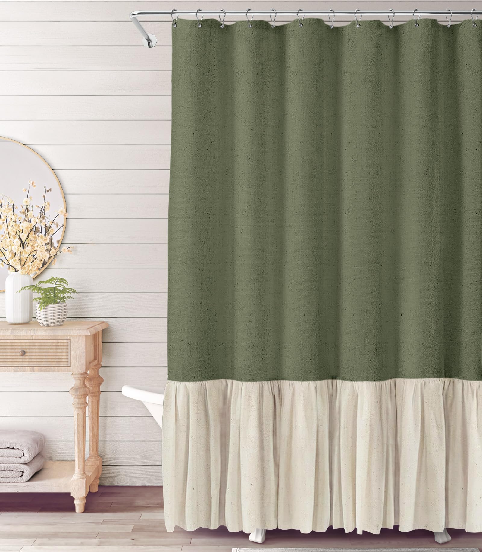 Awellife Ruffle Shower Curtain, Ruched Microfiber Vintage Handcrafted Bow Tie Bath Curtain For Master Bathroom, 72' W X 72' H Green
